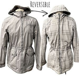 Izod Grey Hooded Reversible Trench Coat Fleece Plaid Coat Size Small